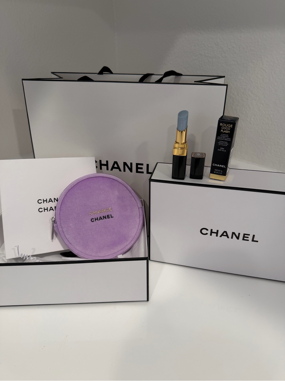 CHANEL Rouge Coco Flash Lipstick 284 Baby Blue CHANCE Velvet Pouch Bundle NWT